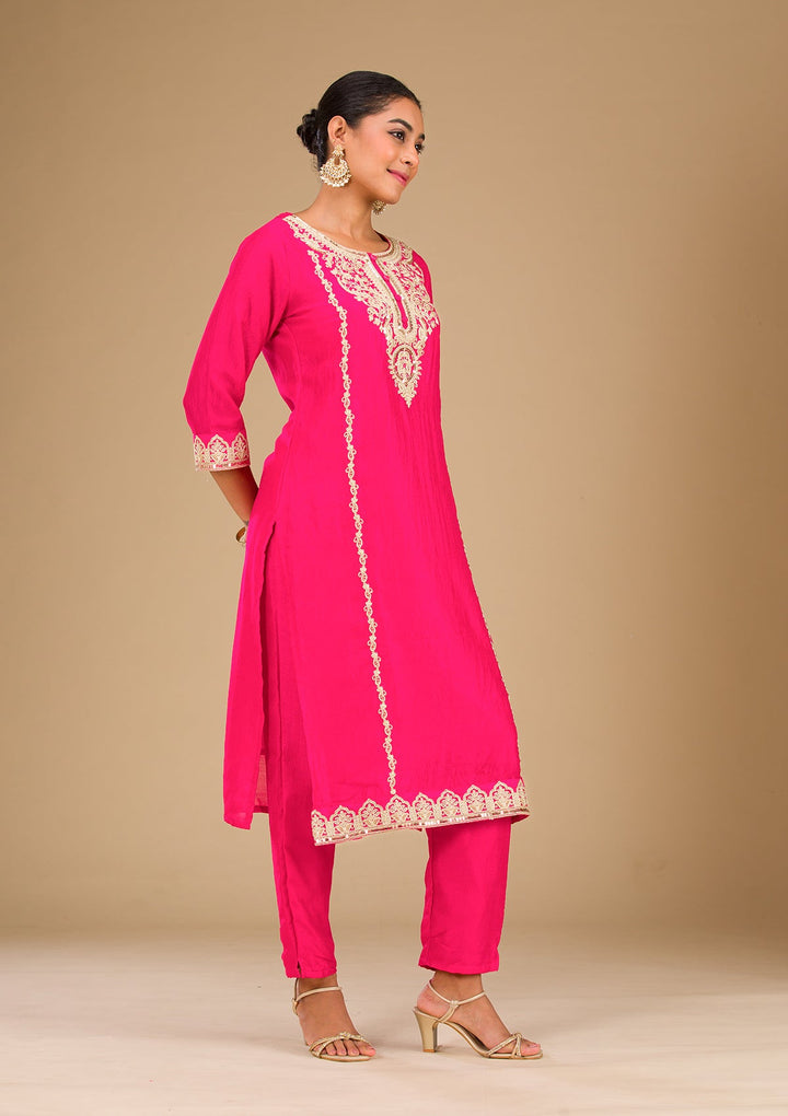 Rani Pink Zariwork Silk Readymade Salwar Suit-Koskii