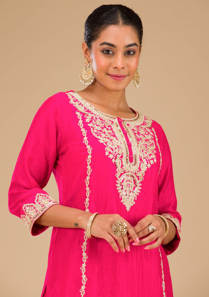Rani Pink Zariwork Silk Readymade Salwar Suit-Koskii