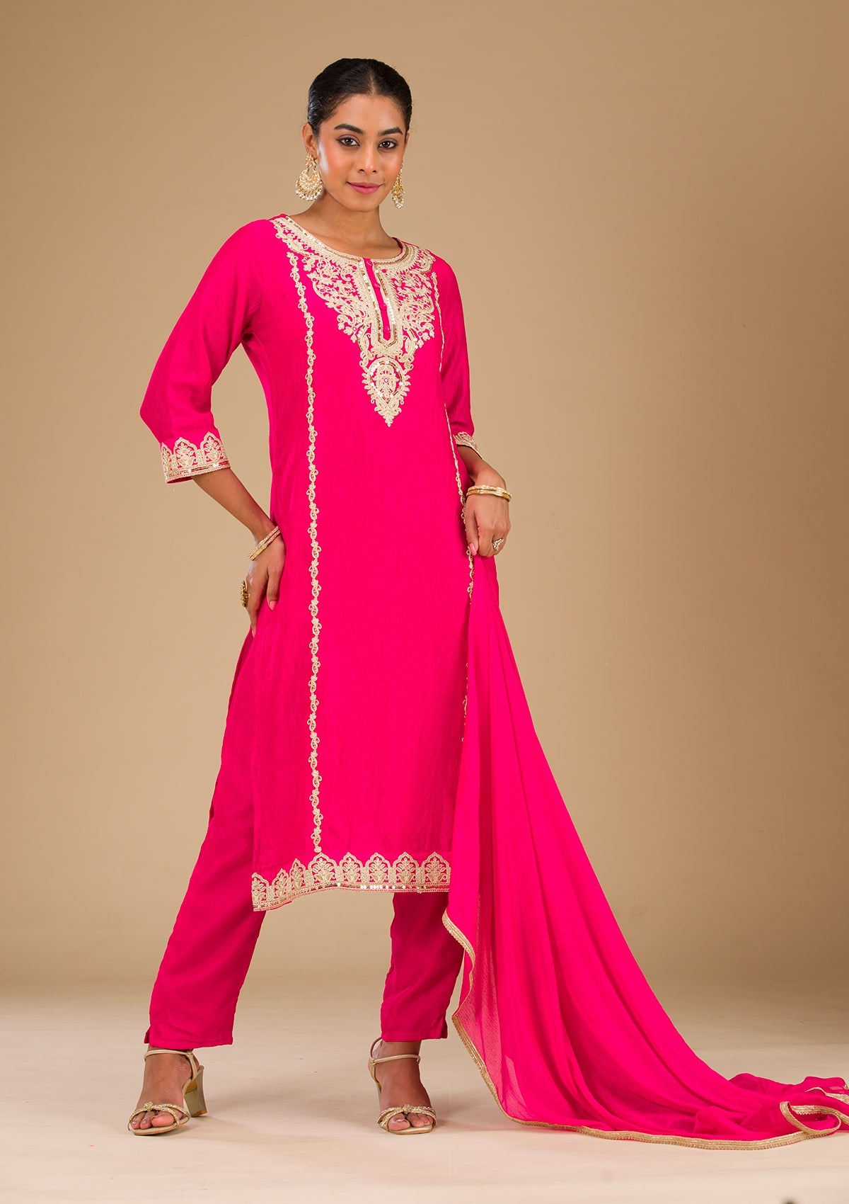 Rani Pink Zariwork Silk Readymade Salwar Suit-Koskii