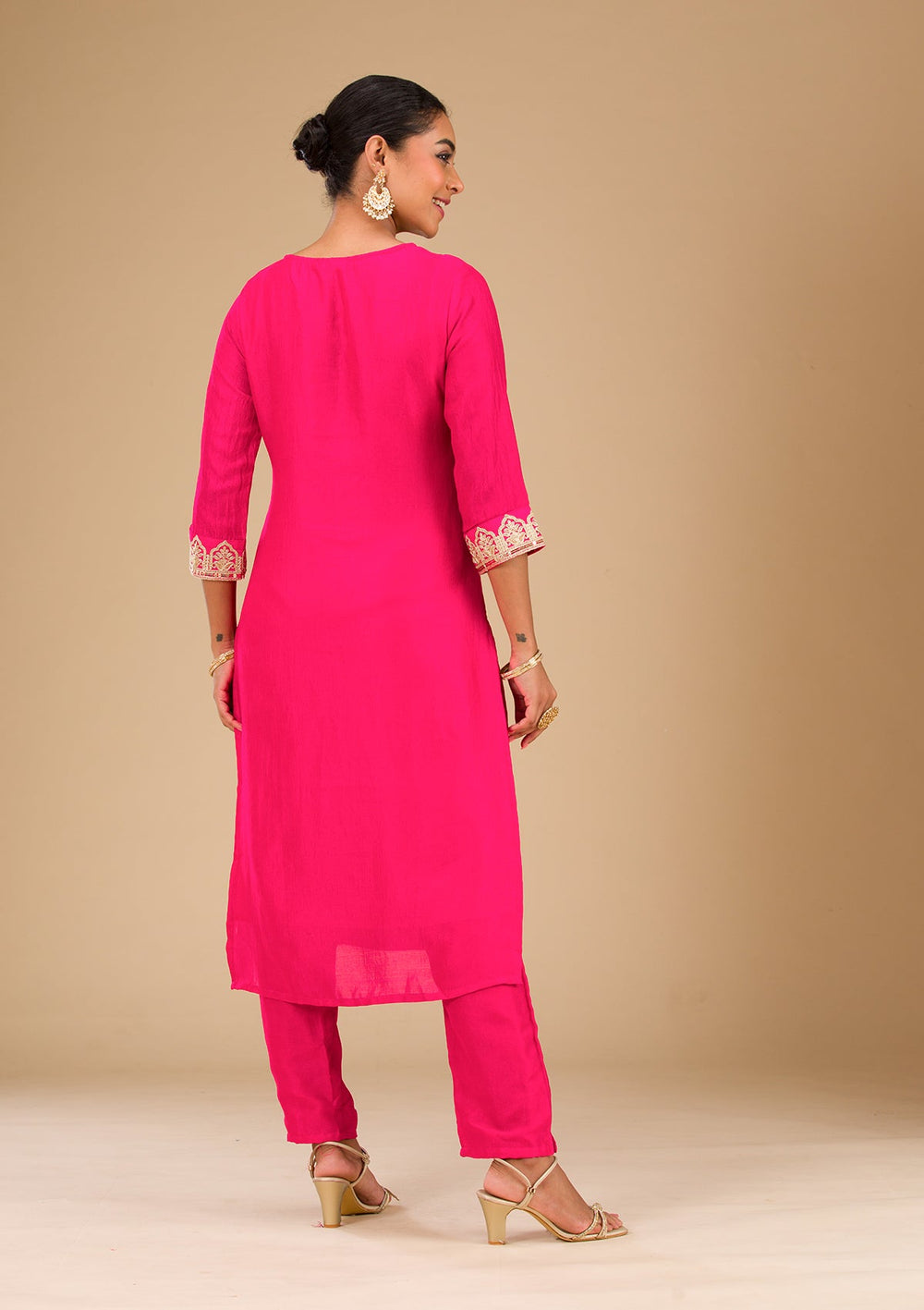 Rani Pink Zariwork Silk Readymade Salwar Suit-Koskii