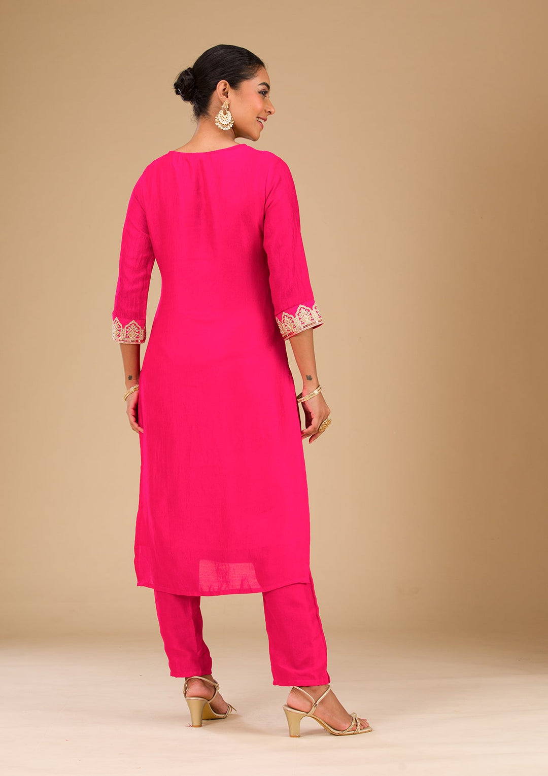 Rani Pink Zariwork Silk Readymade Salwar Suit-Koskii