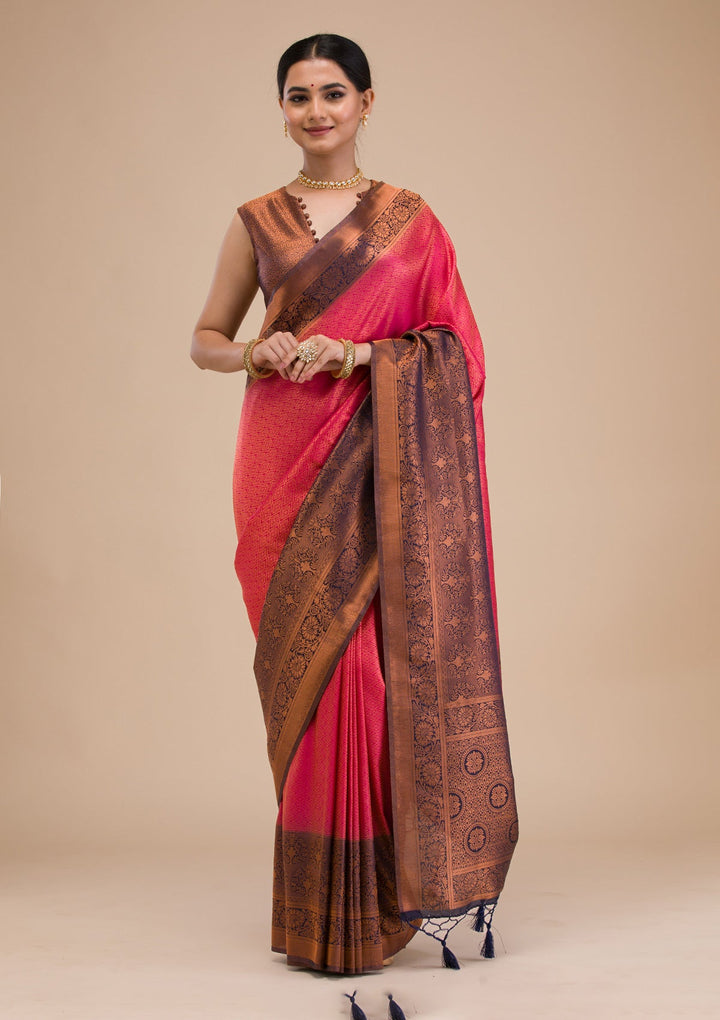 Rani Pink Zariwork Soft Silk Saree-Koskii