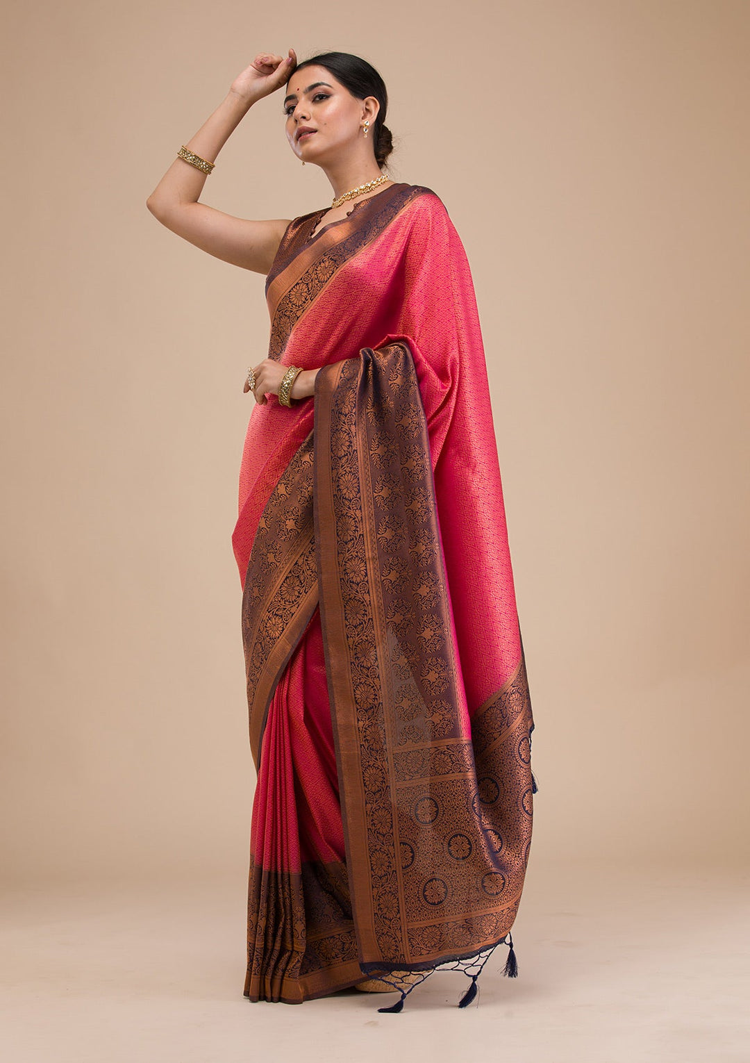 Rani Pink Zariwork Soft Silk Saree-Koskii
