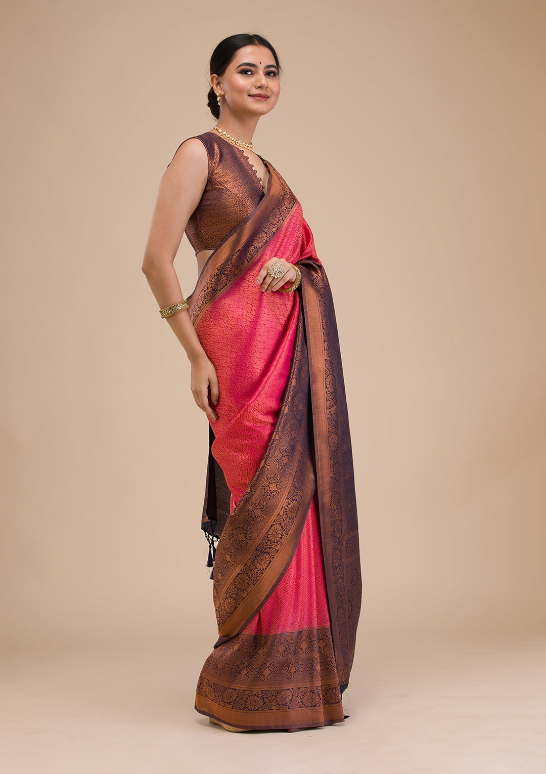 Rani Pink Zariwork Soft Silk Saree-Koskii