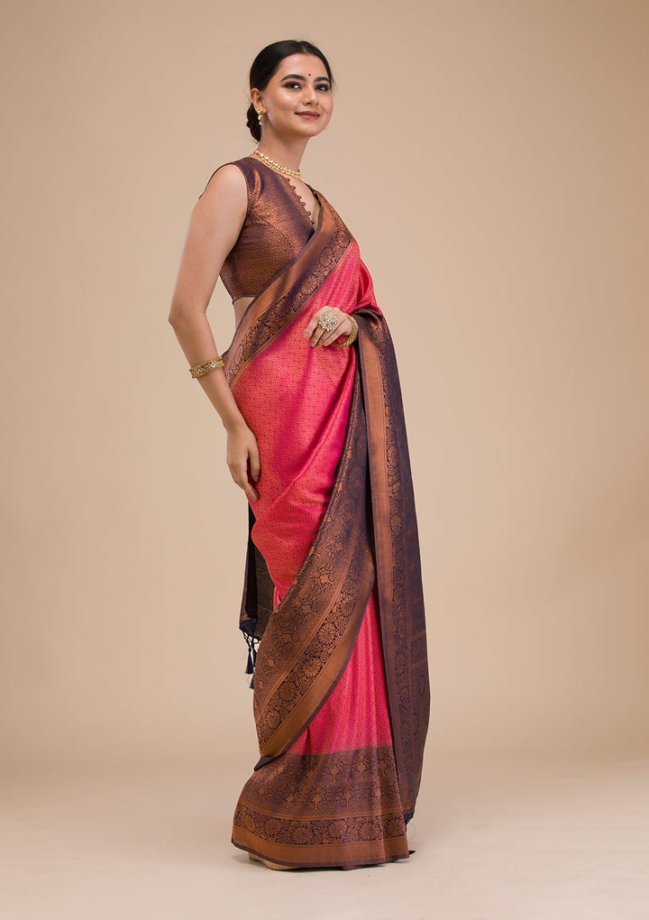 Rani Pink Zariwork Soft Silk Saree-Koskii