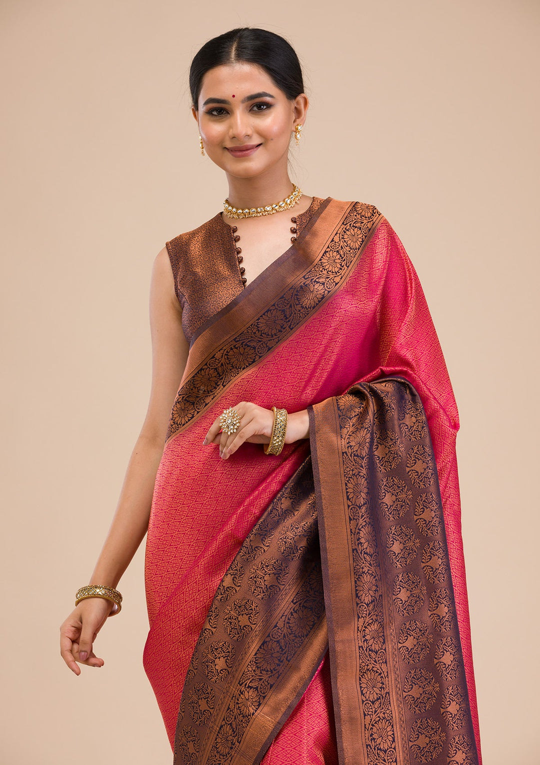 Rani Pink Zariwork Soft Silk Saree-Koskii