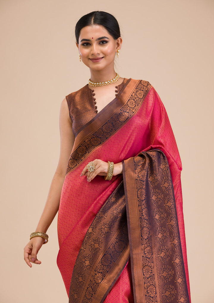 Rani Pink Zariwork Soft Silk Saree-Koskii