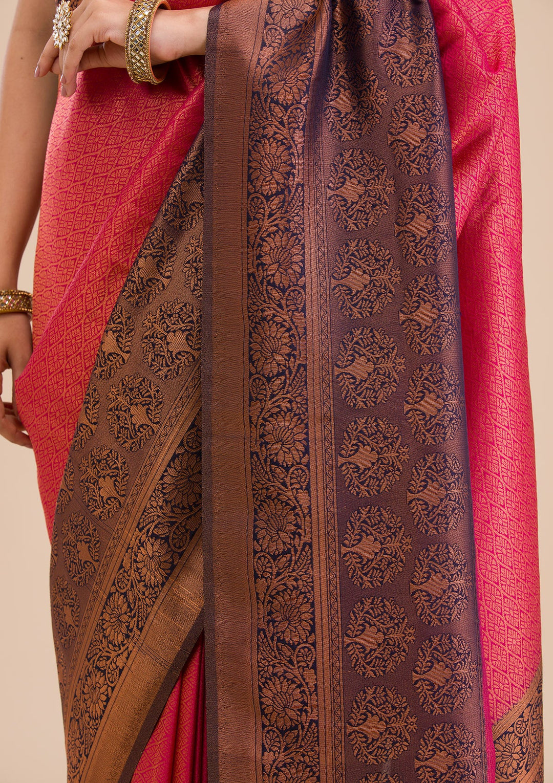 Rani Pink Zariwork Soft Silk Saree-Koskii