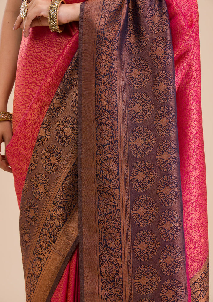 Rani Pink Zariwork Soft Silk Saree-Koskii