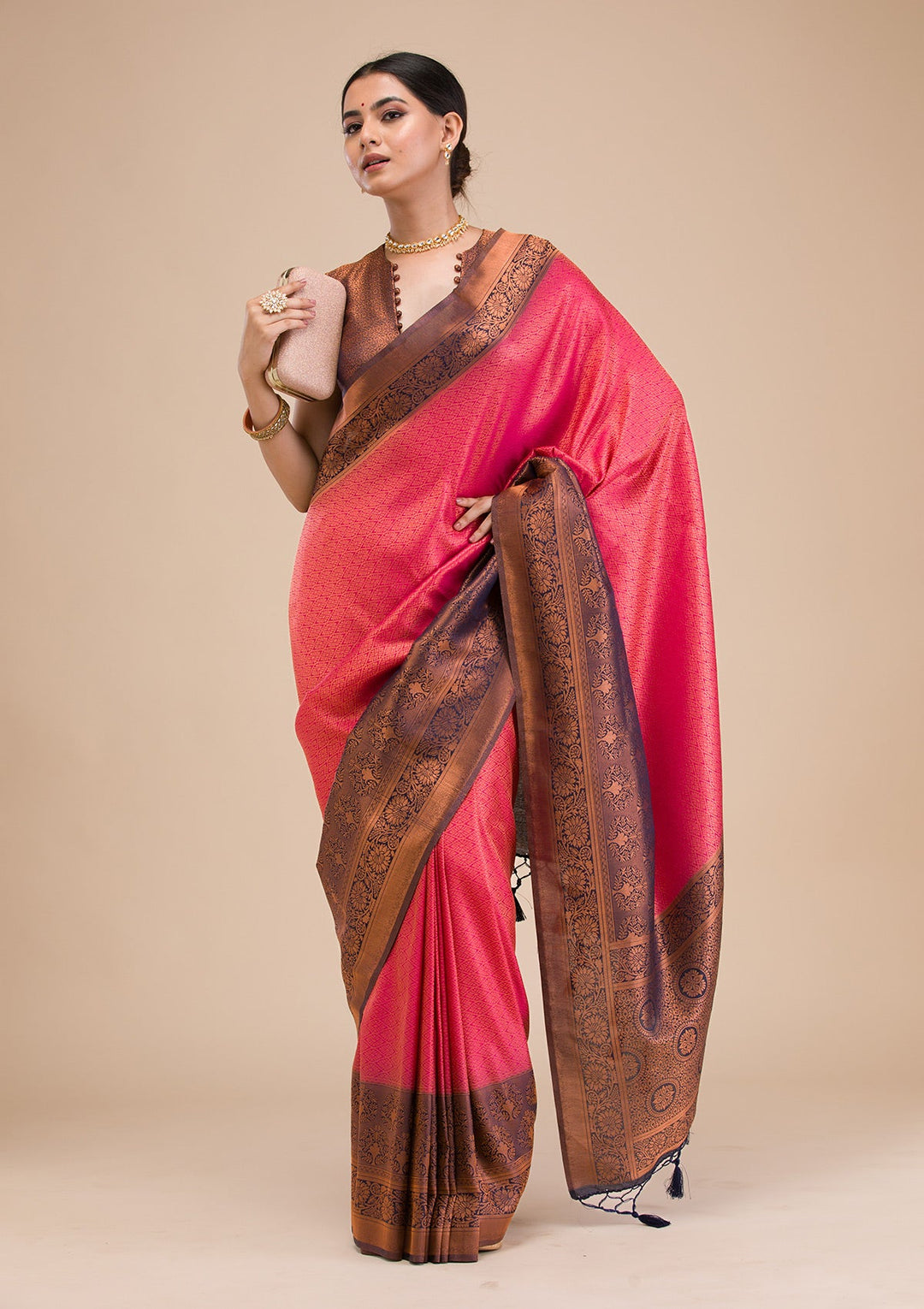 Rani Pink Zariwork Soft Silk Saree-Koskii