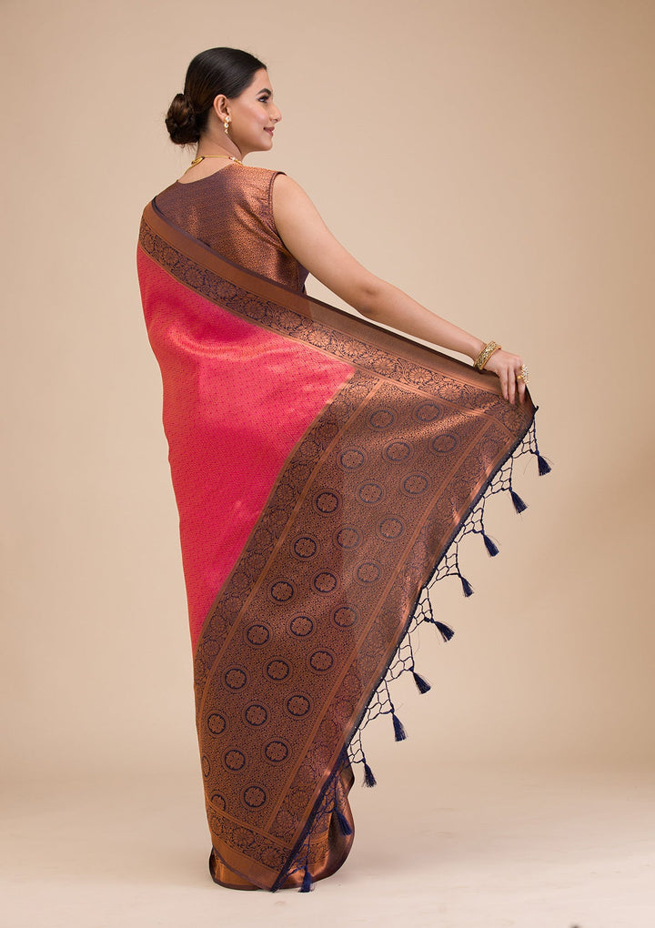 Rani Pink Zariwork Soft Silk Saree-Koskii