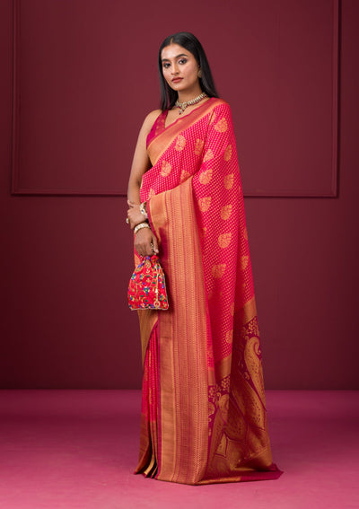 Rani Pink Zariwork Soft Silk Saree-Koskii