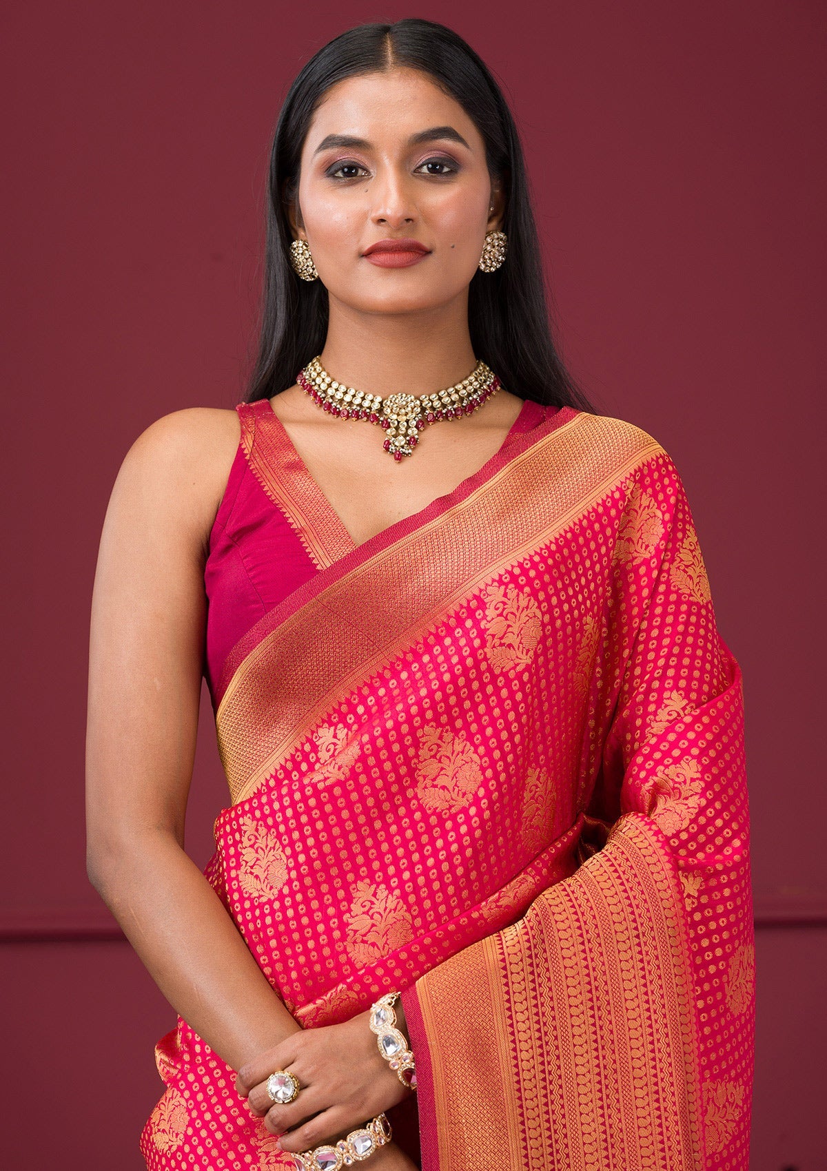 Rani Pink Zariwork Soft Silk Saree-Koskii