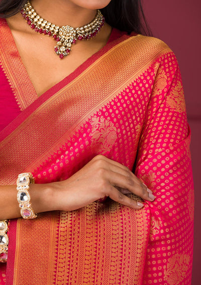 Rani Pink Zariwork Soft Silk Saree-Koskii