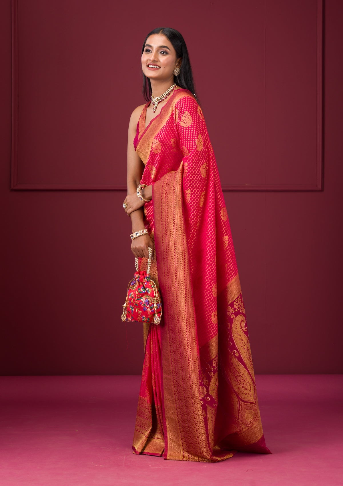 Rani Pink Zariwork Soft Silk Saree-Koskii