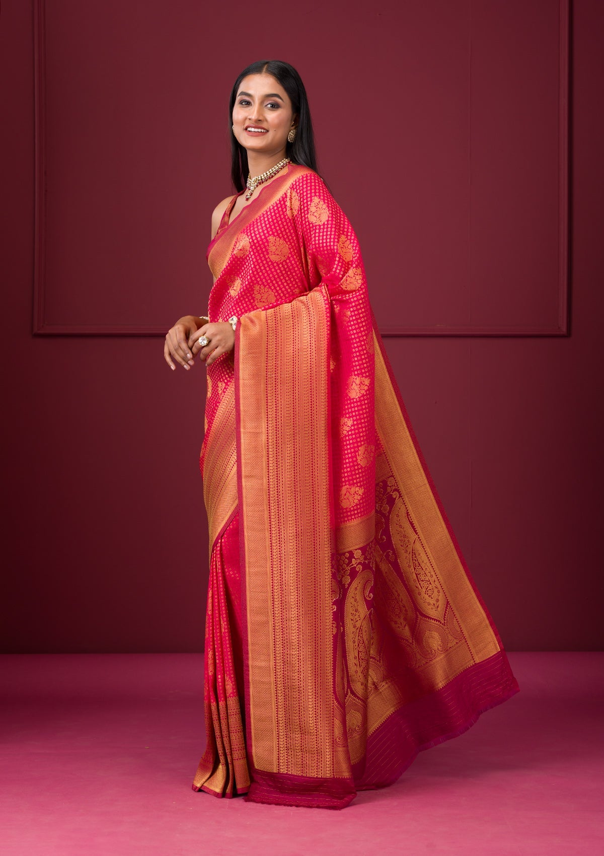 Rani Pink Zariwork Soft Silk Saree-Koskii