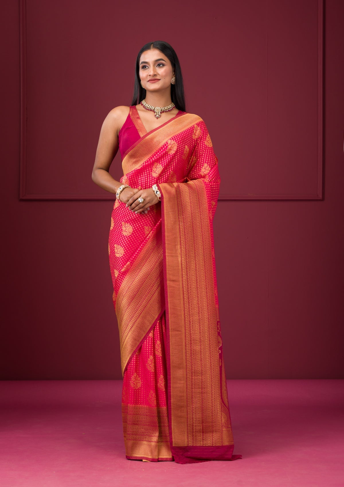 Rani Pink Zariwork Soft Silk Saree-Koskii