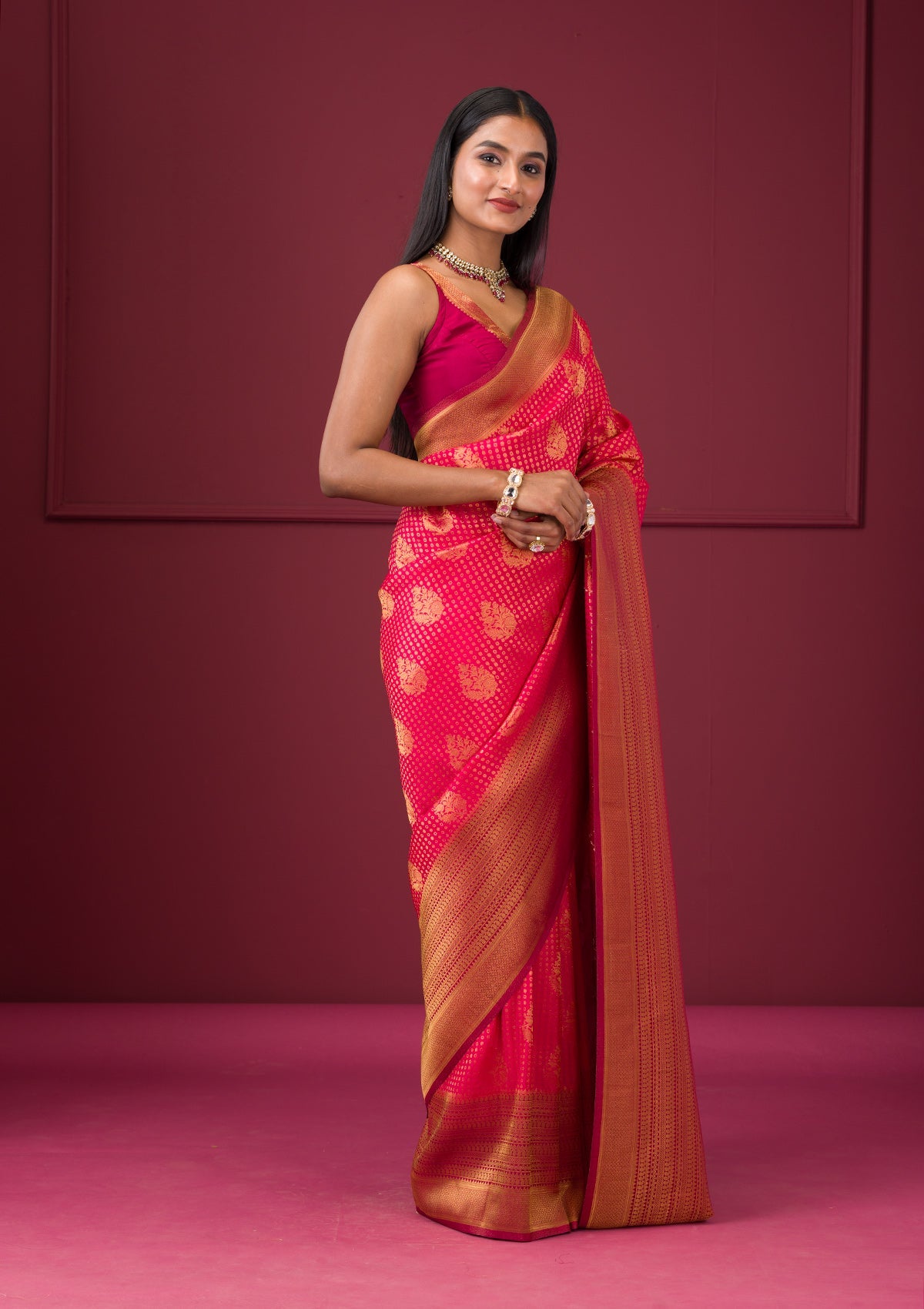 Rani Pink Zariwork Soft Silk Saree-Koskii