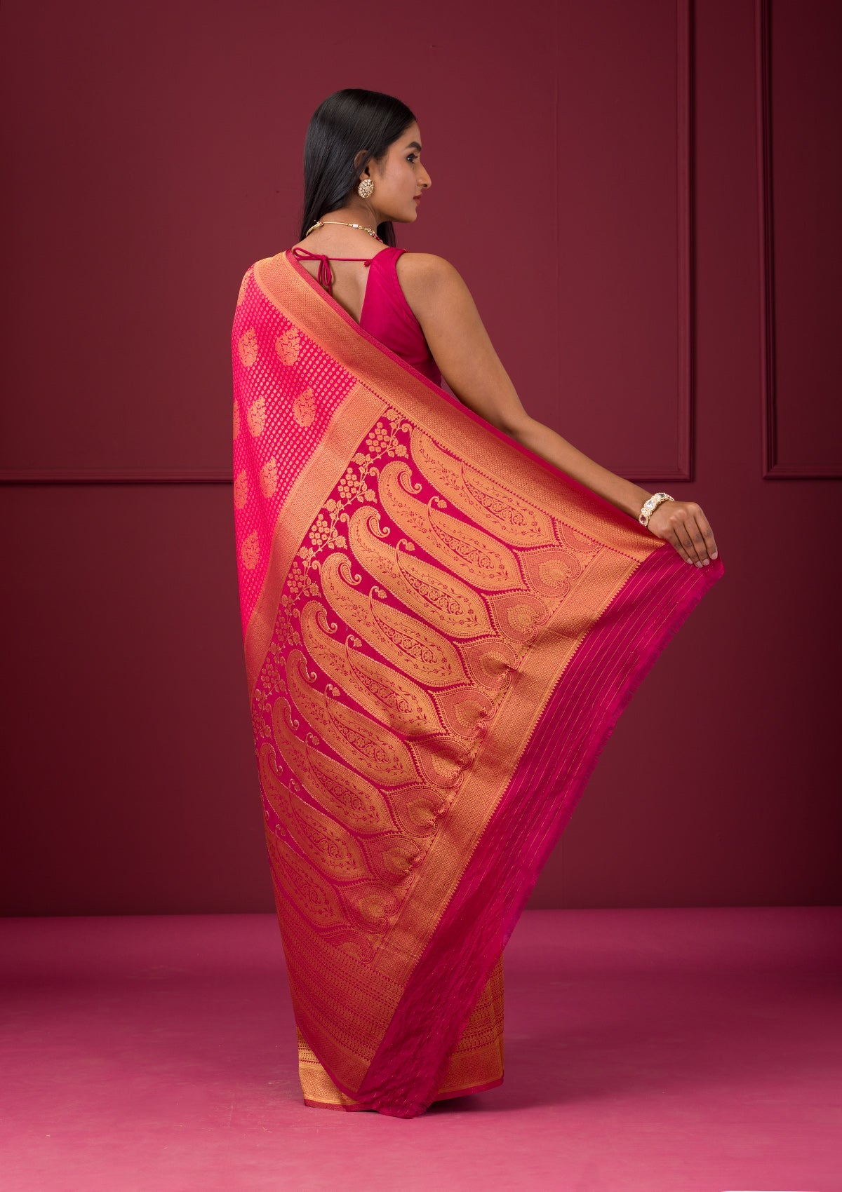 Rani Pink Zariwork Soft Silk Saree-Koskii