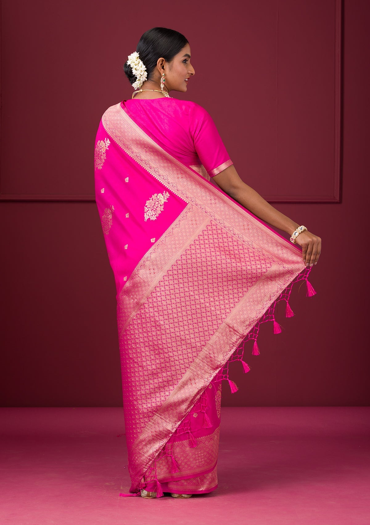 Rani Pink Zariwork Soft Silk Saree-Koskii