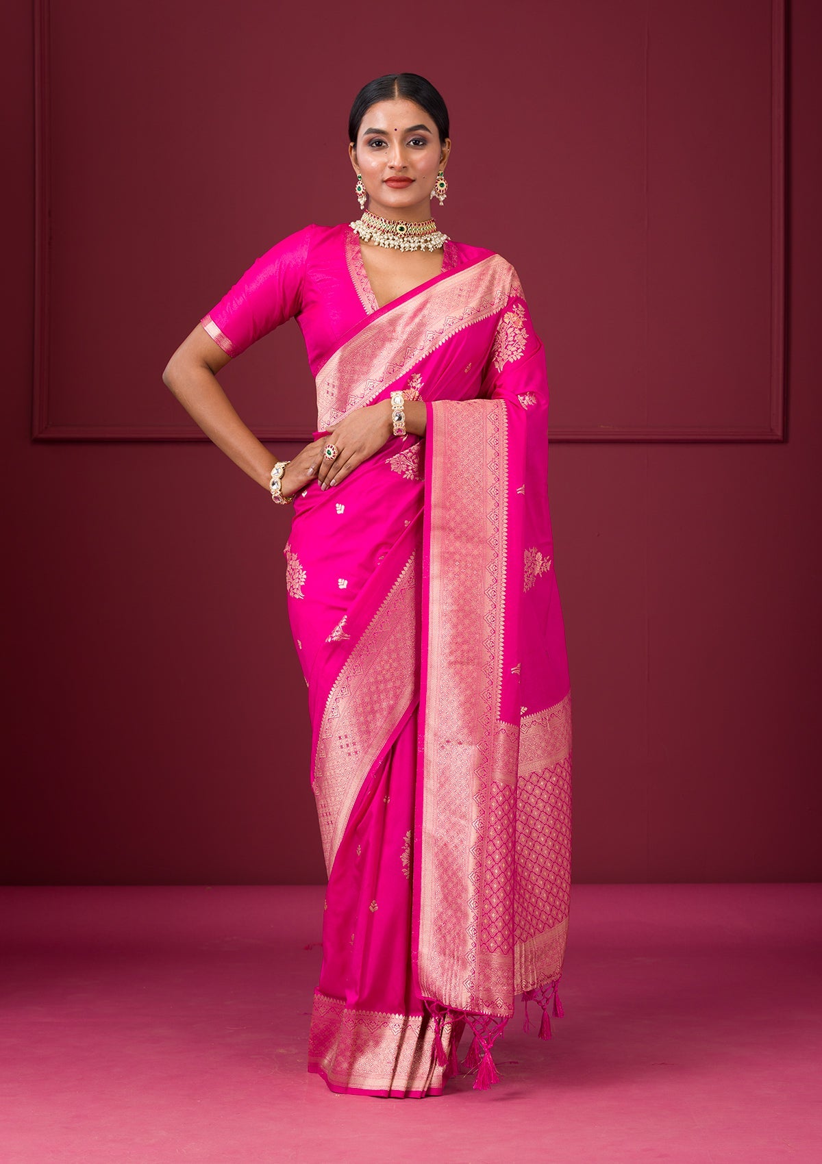 Rani Pink Zariwork Soft Silk Saree-Koskii