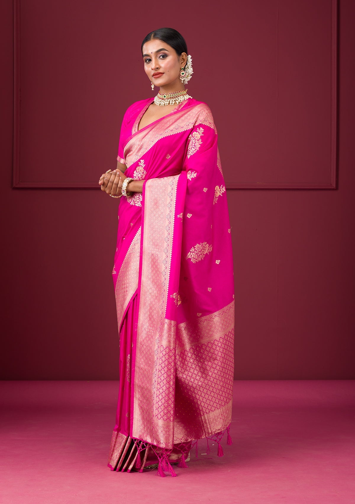 Rani Pink Zariwork Soft Silk Saree-Koskii