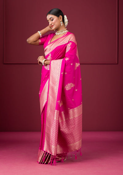 Rani Pink Zariwork Soft Silk Saree-Koskii