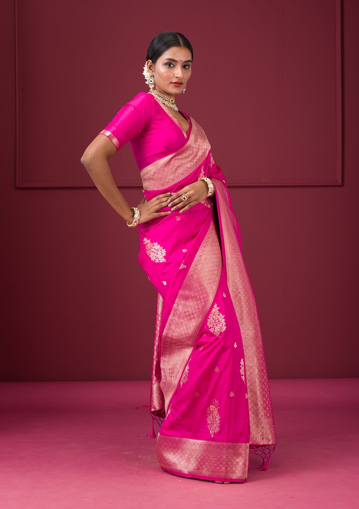 Rani Pink Zariwork Soft Silk Saree-Koskii