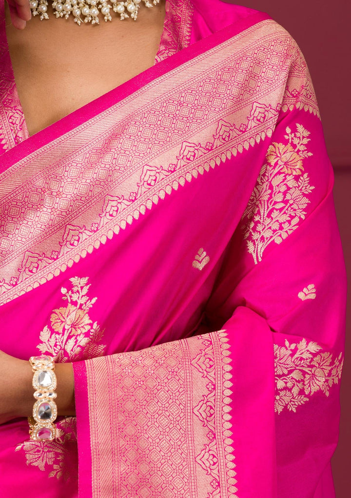 Rani Pink Zariwork Soft Silk Saree-Koskii