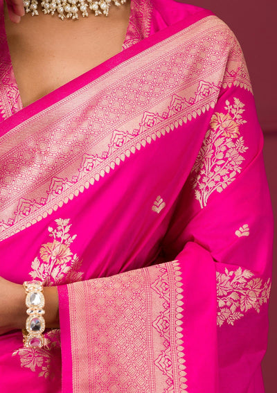 Rani Pink Zariwork Soft Silk Saree-Koskii