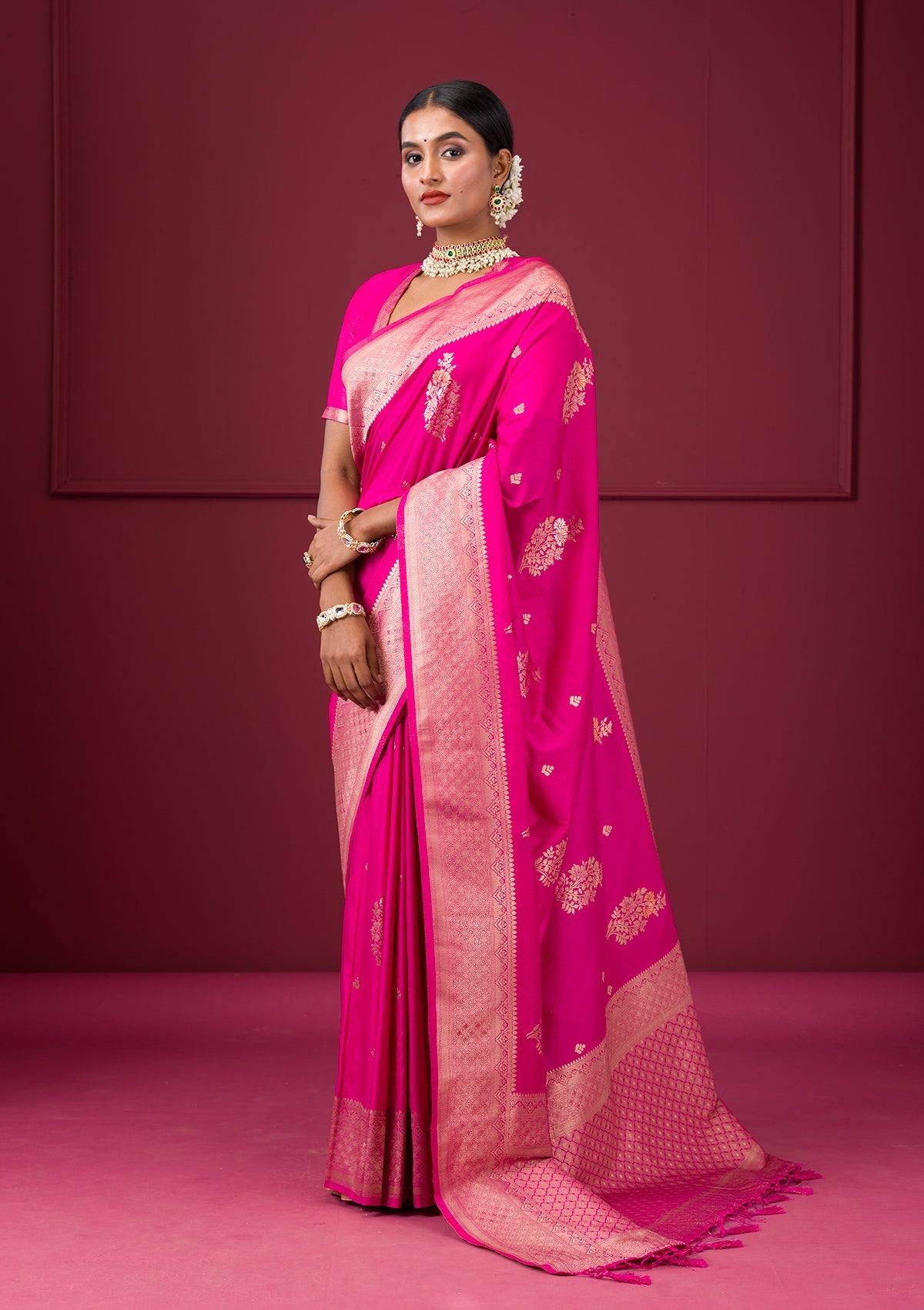 Rani Pink Zariwork Soft Silk Saree-Koskii