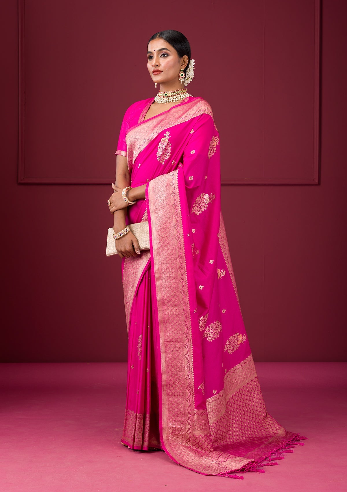 Rani Pink Zariwork Soft Silk Saree-Koskii