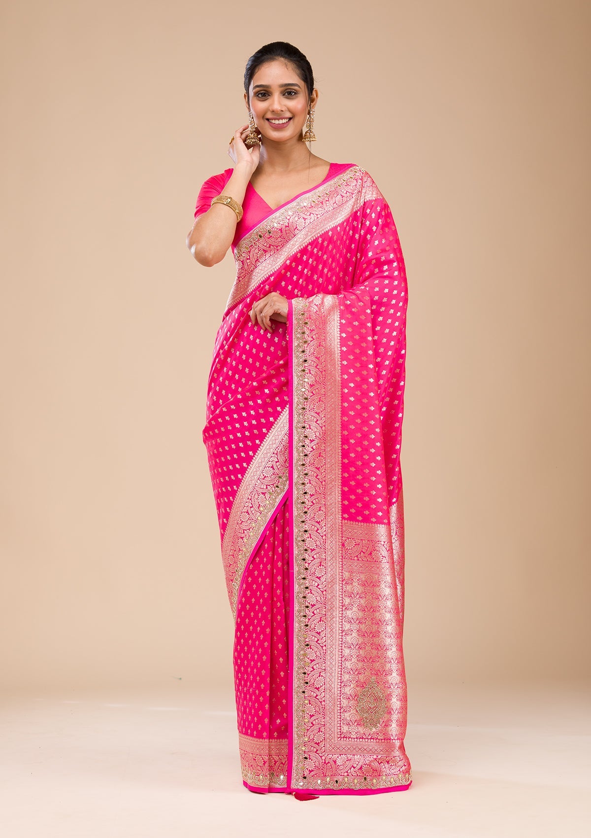 Rani Pink Zariwork Soft Silk Saree