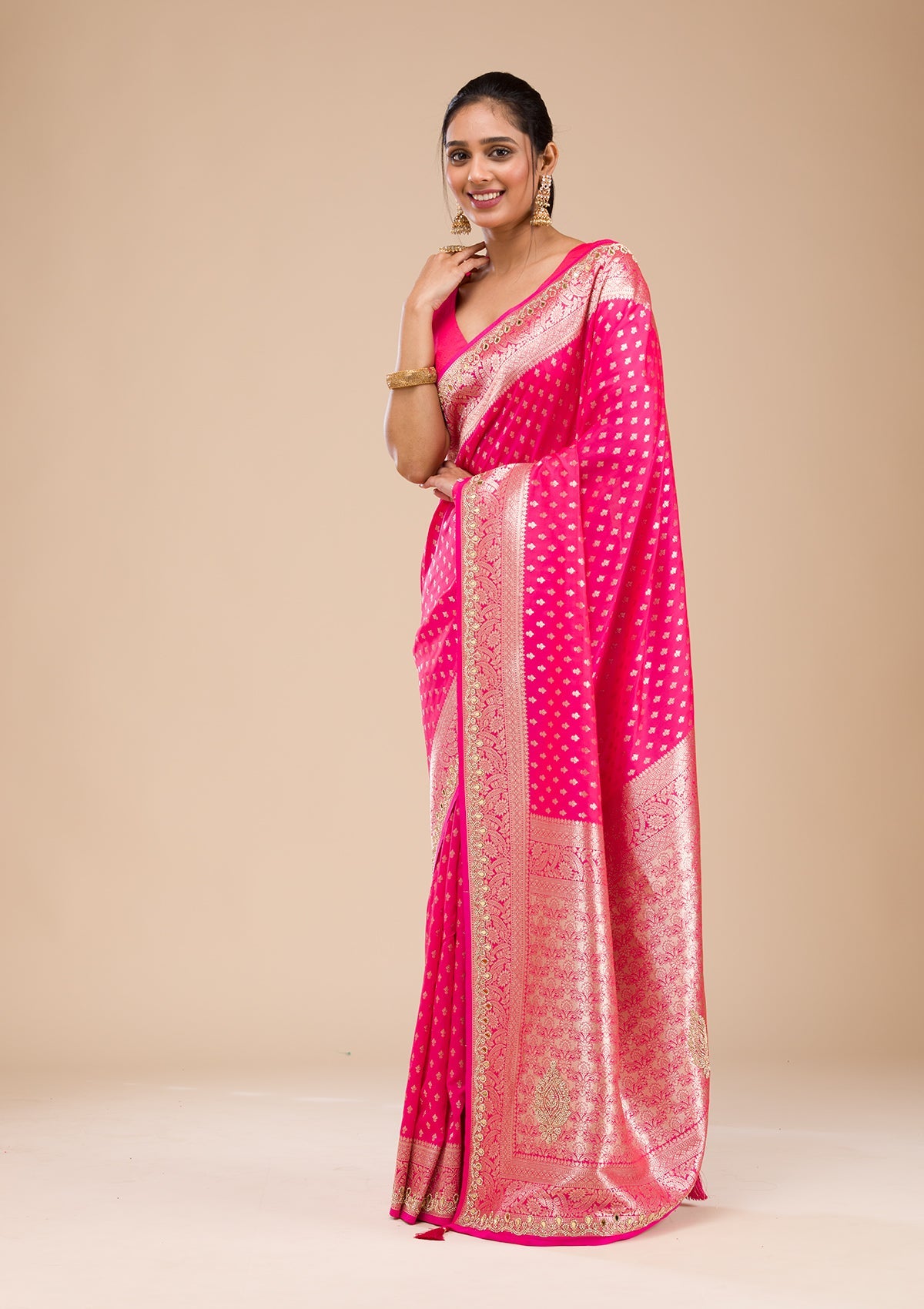 Rani Pink Zariwork Soft Silk Saree