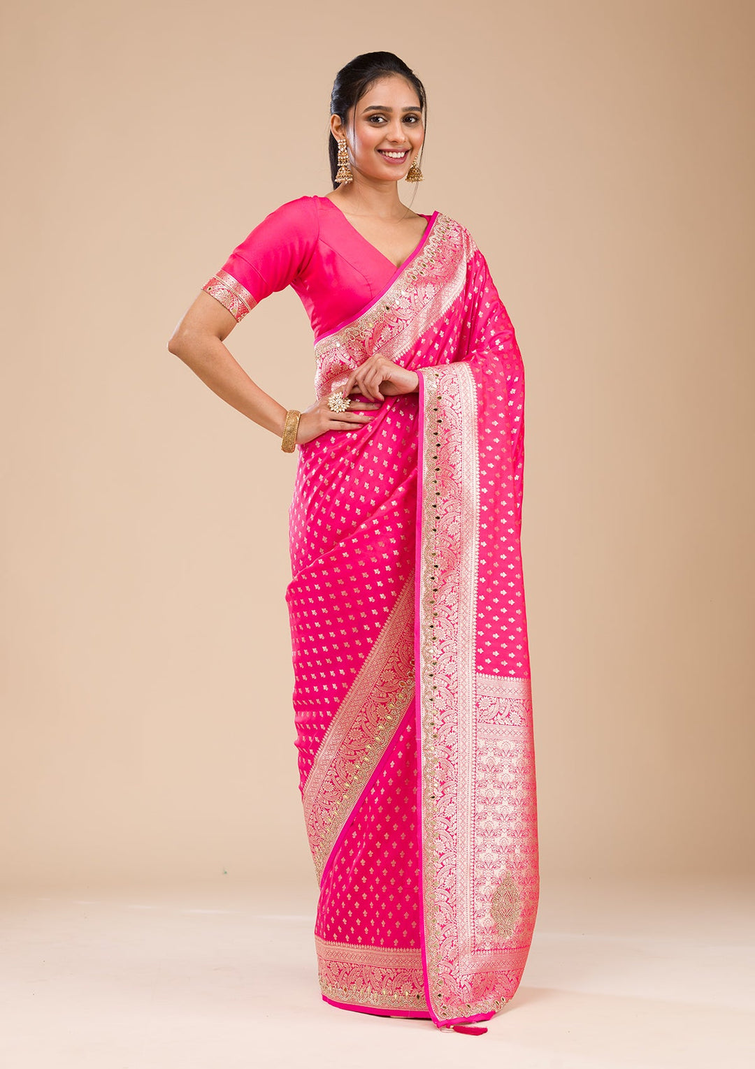 Rani Pink Zariwork Soft Silk Saree