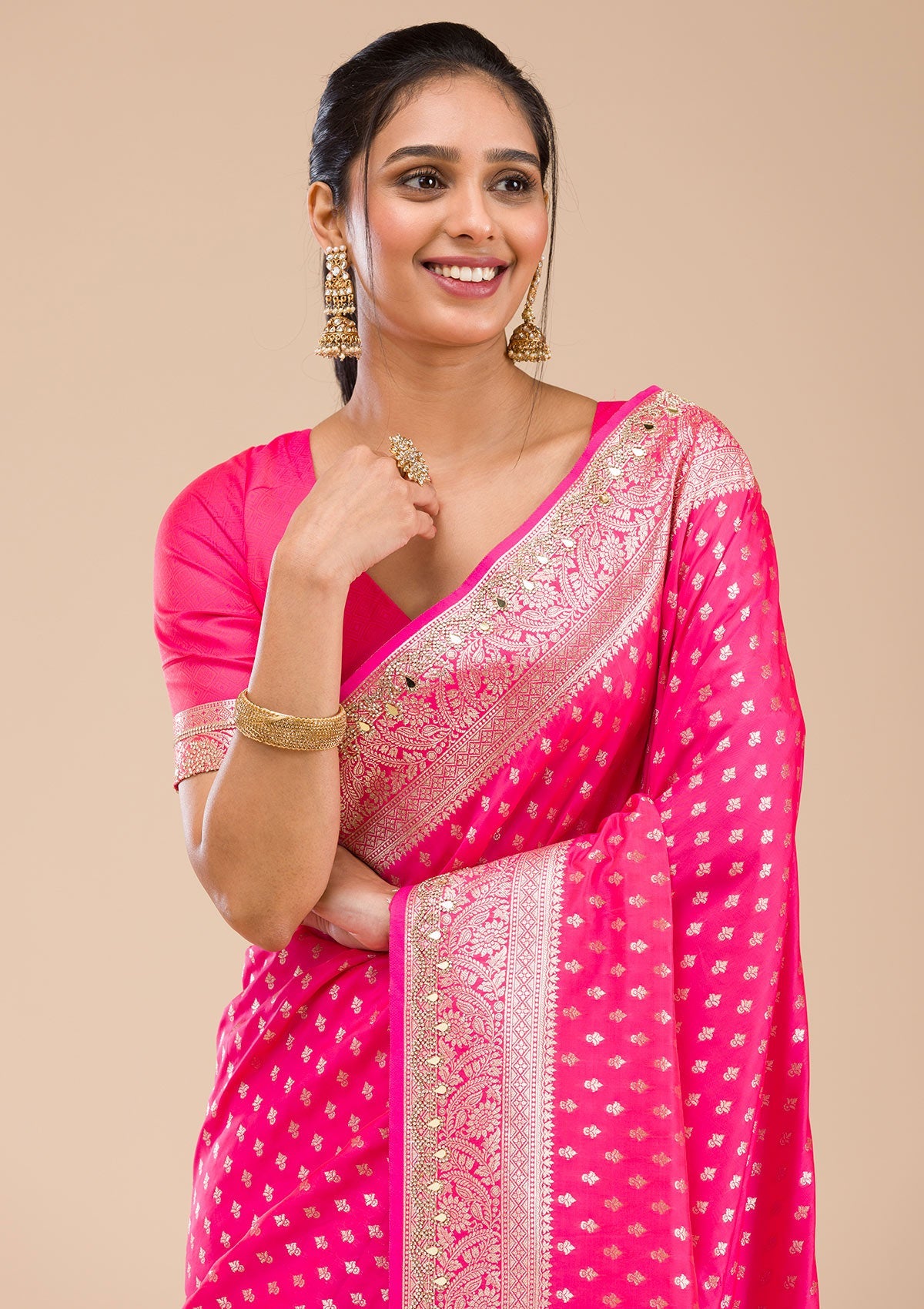 Rani Pink Zariwork Soft Silk Saree