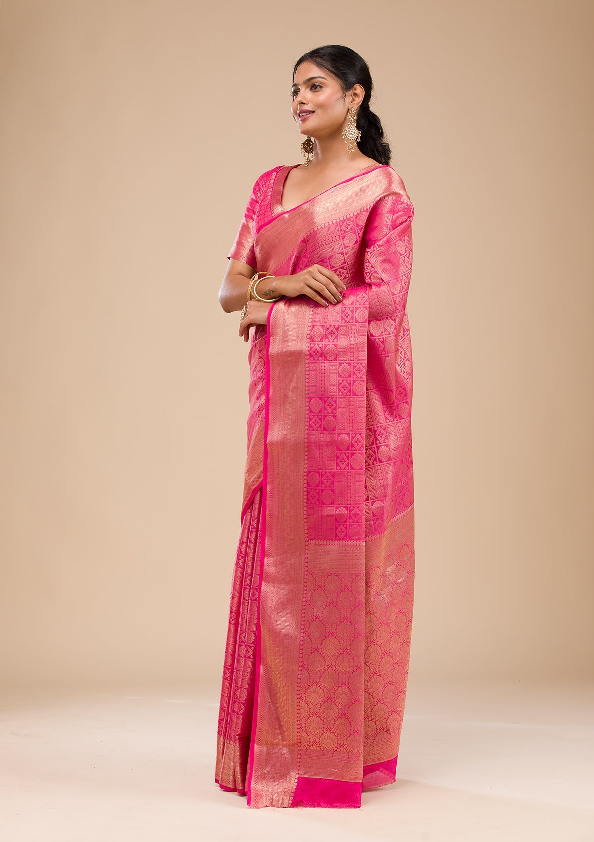 Rani Pink Zariwork Soft Silk Saree