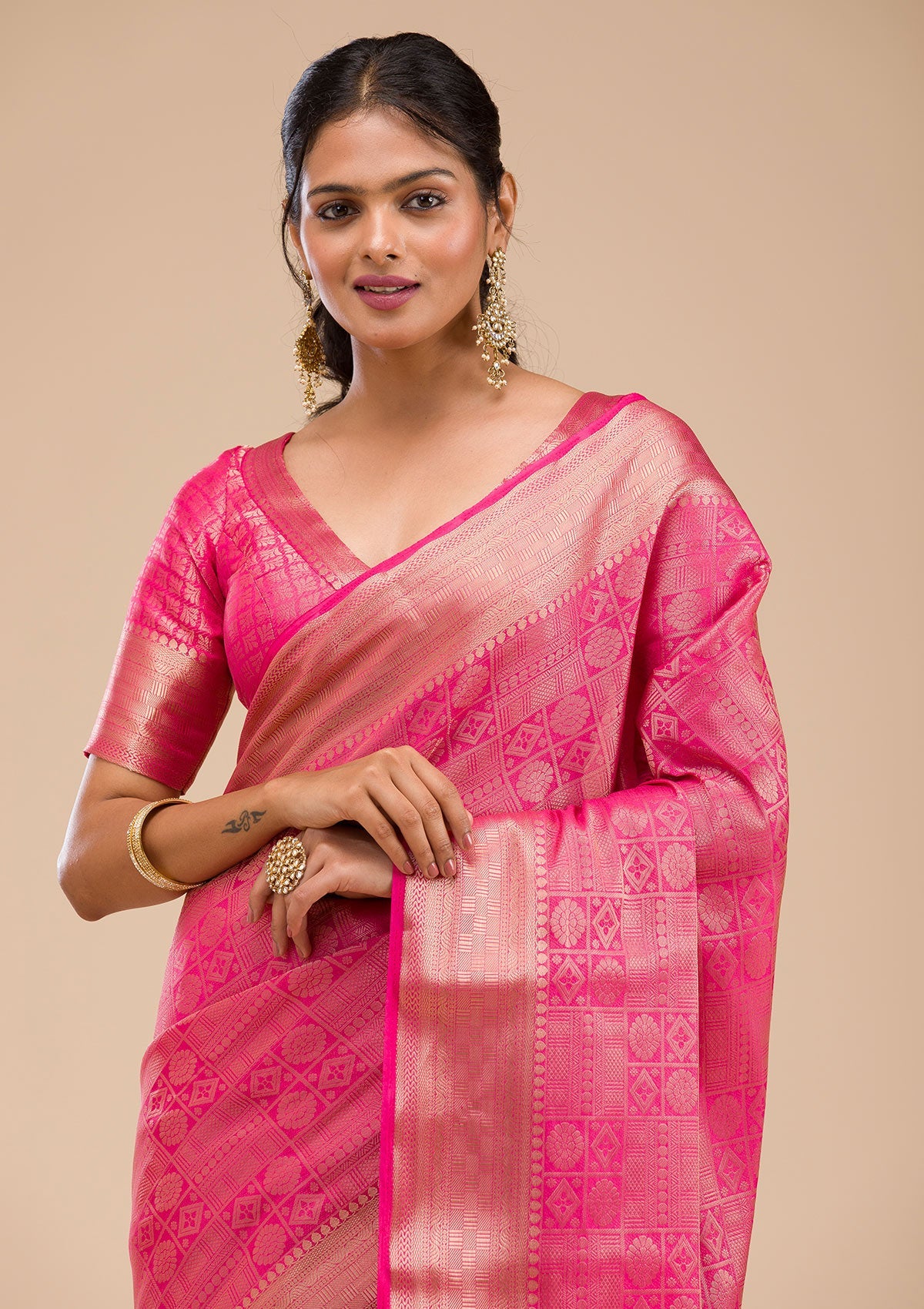 Rani Pink Zariwork Soft Silk Saree