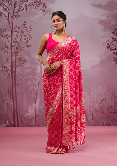 Rani Pink Zariwork Soft Silk Saree-Koskii