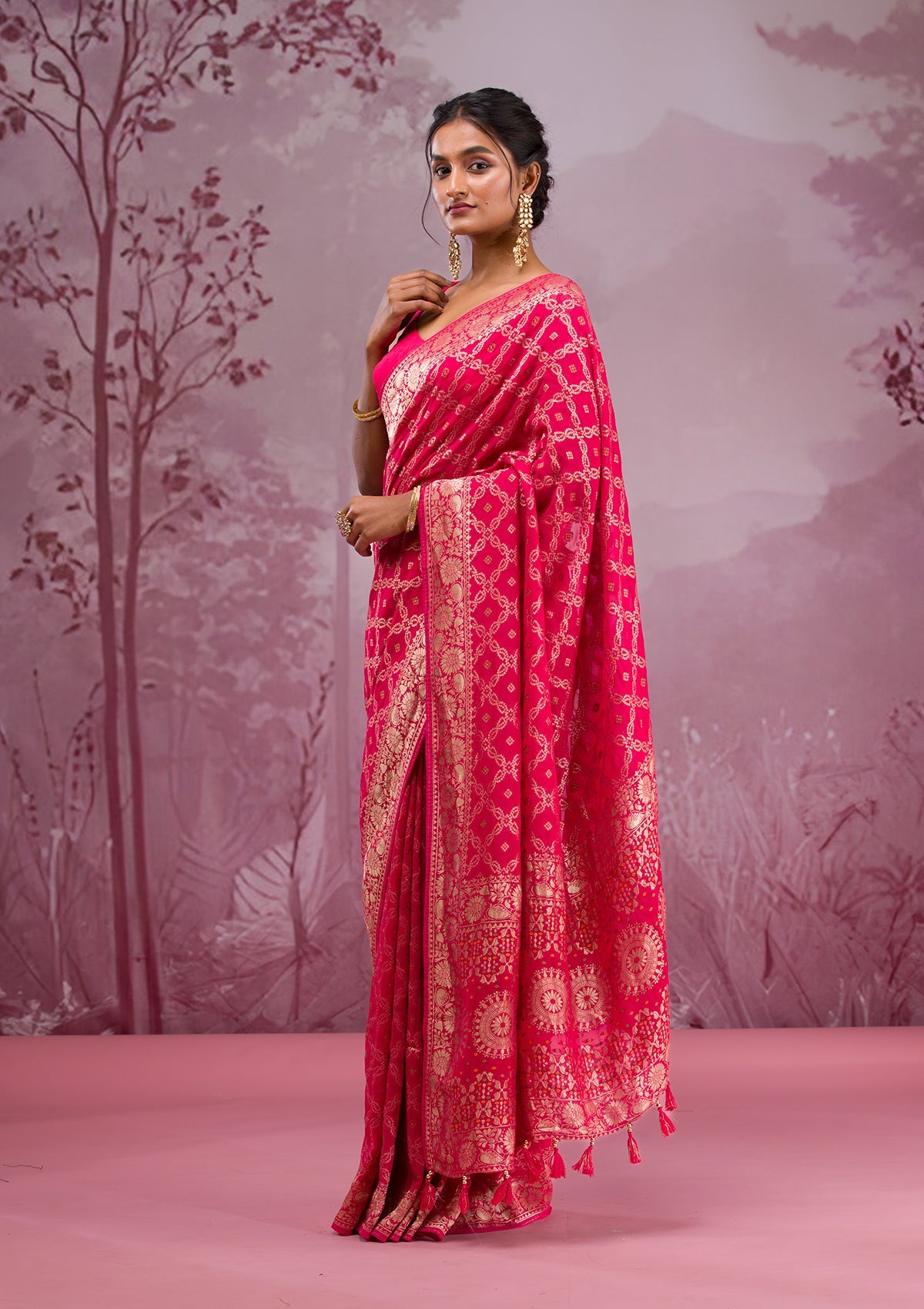 Rani Pink Zariwork Soft Silk Saree-Koskii