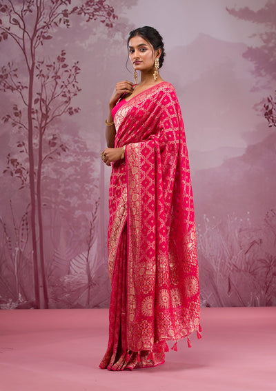 Rani Pink Zariwork Soft Silk Saree-Koskii