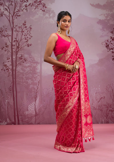 Rani Pink Zariwork Soft Silk Saree-Koskii