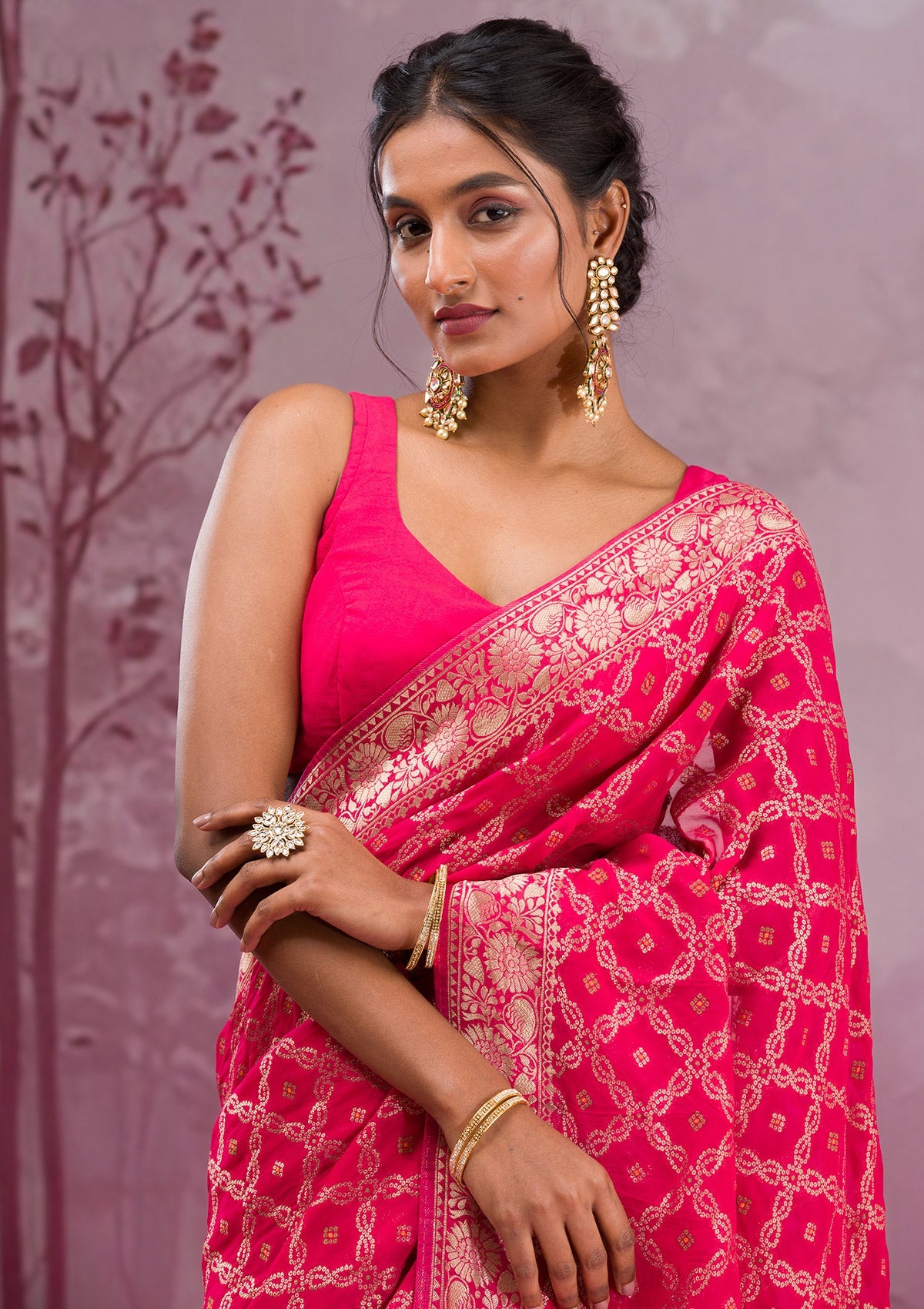 Rani Pink Zariwork Soft Silk Saree-Koskii