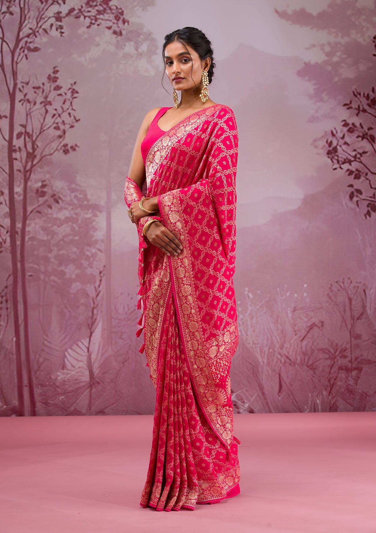 Rani Pink Zariwork Soft Silk Saree-Koskii