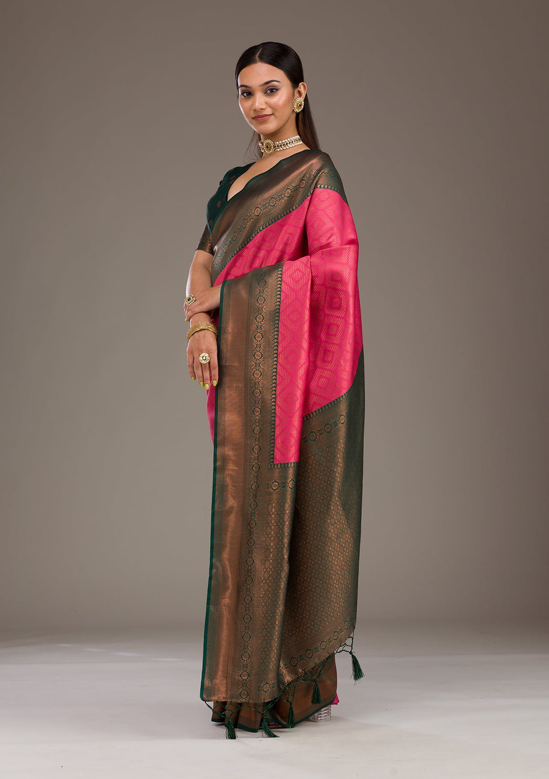Rani Pink Zariwork Soft Silk Saree-Koskii