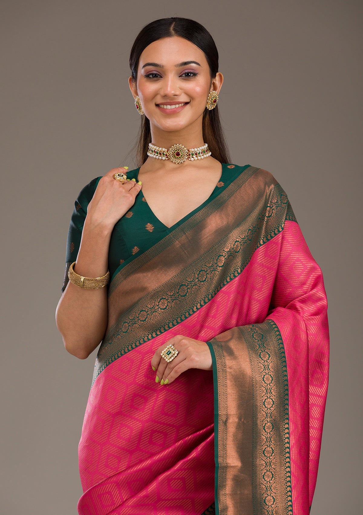 Rani Pink Zariwork Soft Silk Saree-Koskii