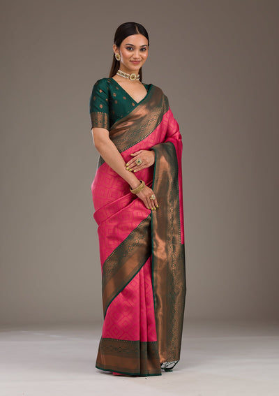 Rani Pink Zariwork Soft Silk Saree-Koskii