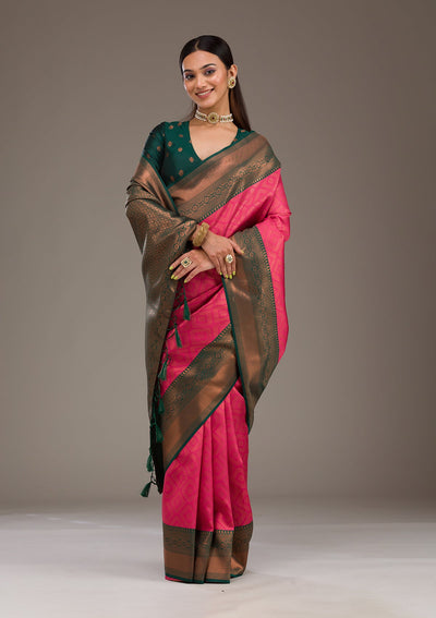 Rani Pink Zariwork Soft Silk Saree-Koskii