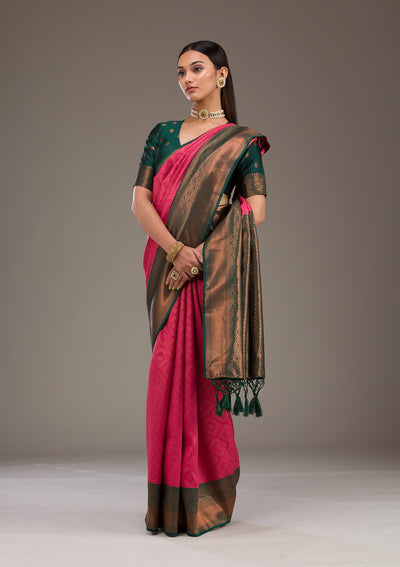 Rani Pink Zariwork Soft Silk Saree-Koskii