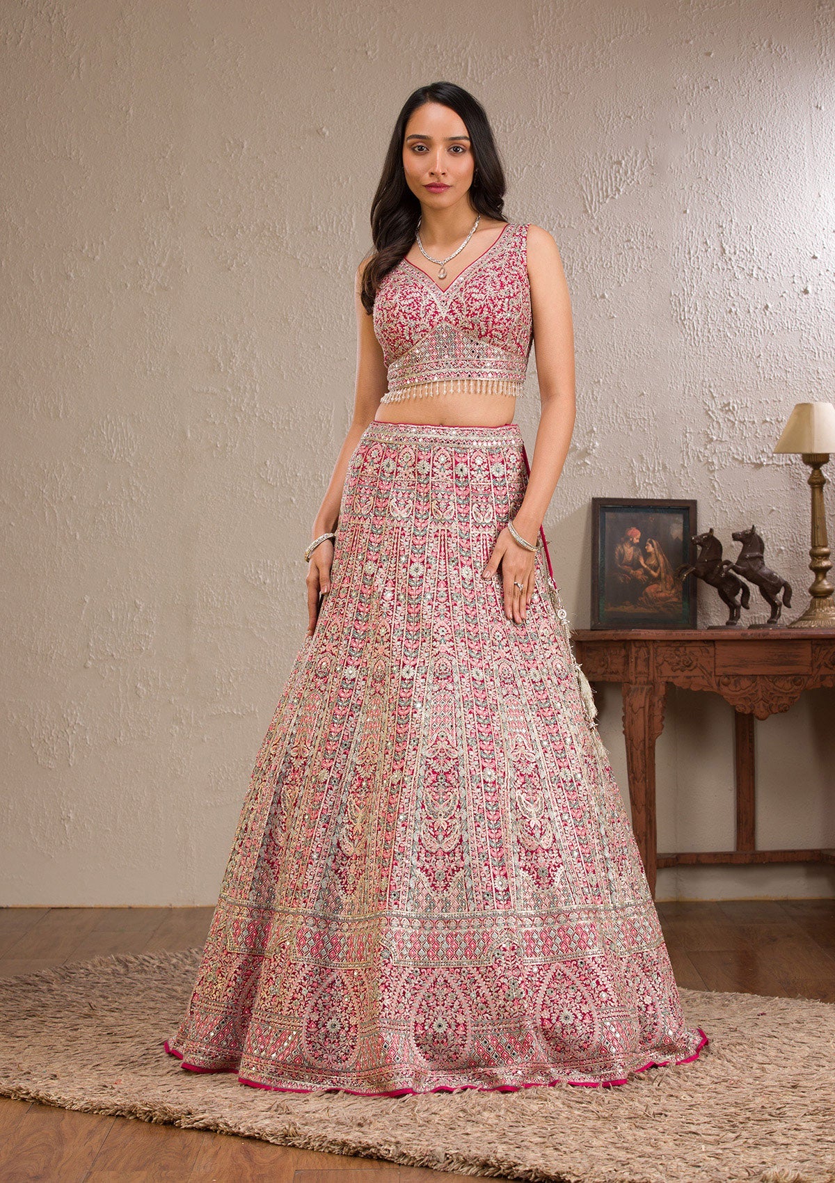 Rani Pink Zariwork Tissue Readymade Lehenga-Koskii